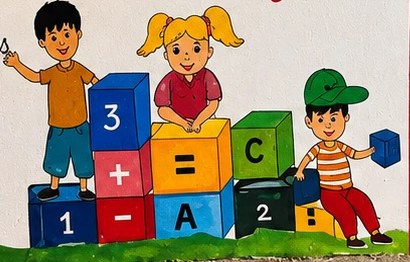 Fresque de l'école : enfants et cubes